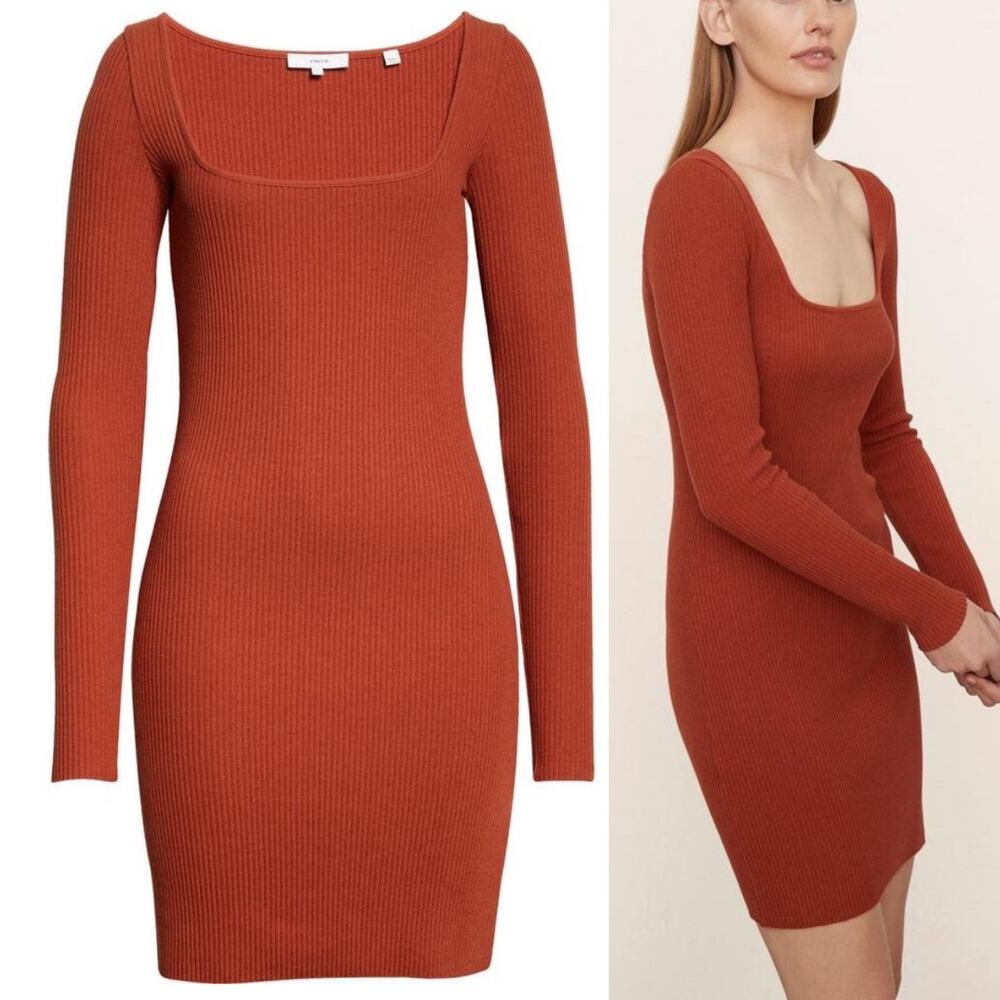 Vince Ribbed Knit Long Sleeve Square Neck Mini Dress Burnt Rust Orange sz XL NWT